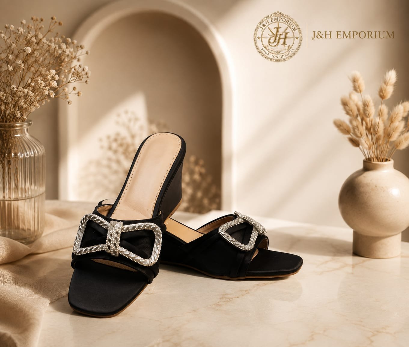 Women's Black Rhinestone Embellished Block Heel Mules