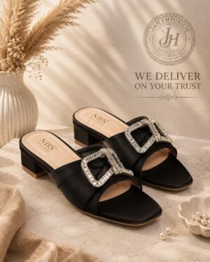 Women's Black Rhinestone Embellished Block Heel Mules