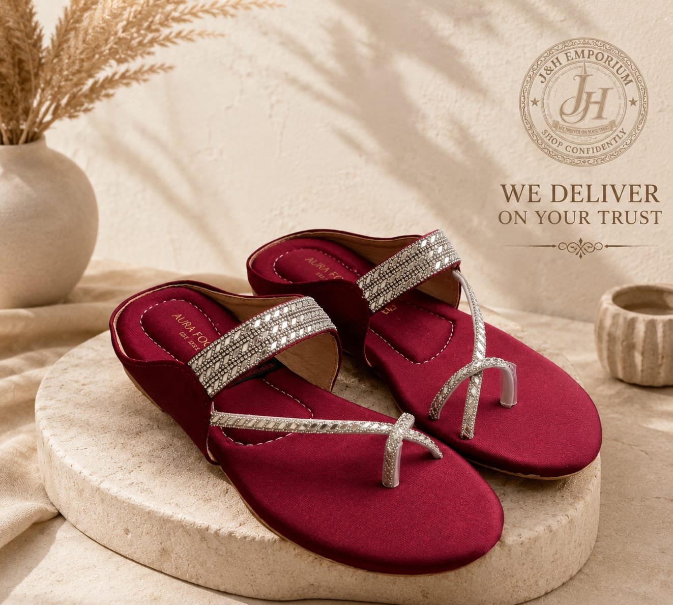 Maroon Leather Flat Sandals for Women – Fancy Toe Ring Ladies Chappal