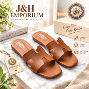 Women’s Brown H-Strap Flat Sandals – Classic Cut-Out Leather Slides