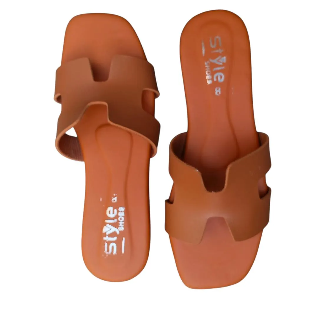 Women’s Brown H-Strap Flat Sandals – Classic Cut-Out Leather Slides